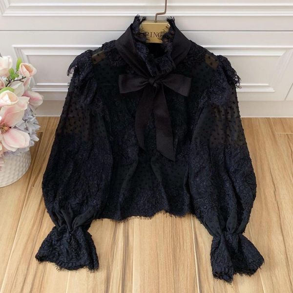 red roosarosee designer elegant autumn women ruffles applique stand collar polka dot long lantern sleeve black shirt blouse, White
red roosarosee designer elegant autumn women ruffles applique stand collar polka dot long lantern sleeve black shirt blouse, White