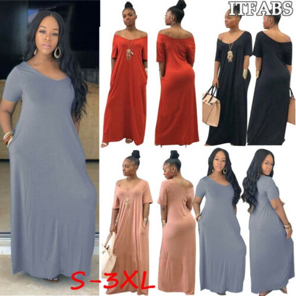 women solid long maxi dress v neck pocket short sleeve loose solid dresses plus size s-3xl, Black;gray
women solid long maxi dress v neck pocket short sleeve loose solid dresses plus size s-3xl, Black;gray