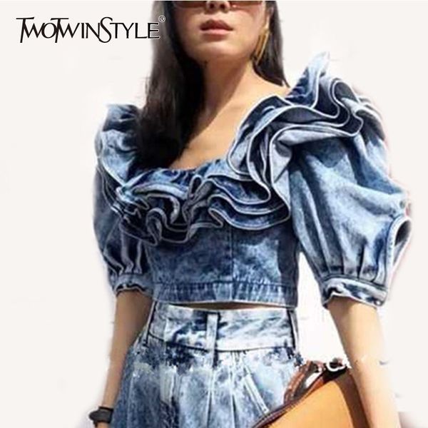 twotwinstle ruffle denim crop female puff sleeve square collar shirt blouse women summer 2019 fashion new, White
twotwinstle ruffle denim crop female puff sleeve square collar shirt blouse women summer 2019 fashion new, White