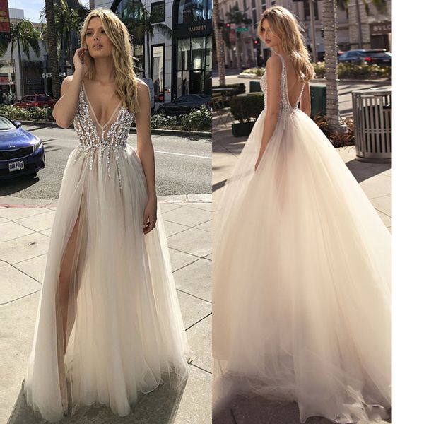 berta designer a line wedding dress bling beaded deep v neck crystal bohemian country wedding dresses bridal gowns split backless, White
berta designer a line wedding dress bling beaded deep v neck crystal bohemian country wedding dresses bridal gowns split backless, White