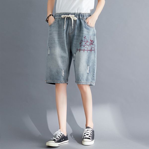 summer denim shorts female casual elastic waist straight ripped embroidery pants pockets women's jeans vestidos, Blue
summer denim shorts female casual elastic waist straight ripped embroidery pants pockets women's jeans vestidos, Blue