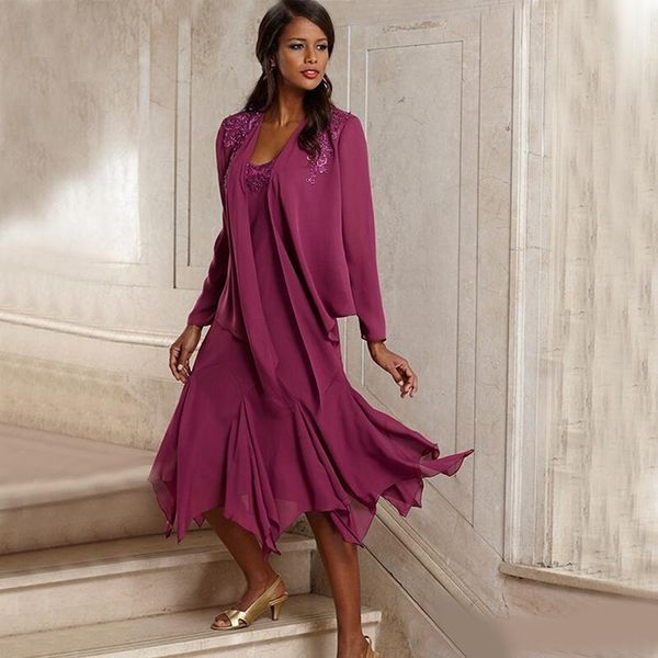 2020 elegant plum long sleeves mother of the bride groom dresses with jacket tea length chiffon beach wedding guest party gowns, Black;red
2020 elegant plum long sleeves mother of the bride groom dresses with jacket tea length chiffon beach wedding guest party gowns, Black;red