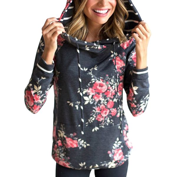 women hooded floral printed long sleeve pocket drawstring sweatshirt top, Black
women hooded floral printed long sleeve pocket drawstring sweatshirt top, Black