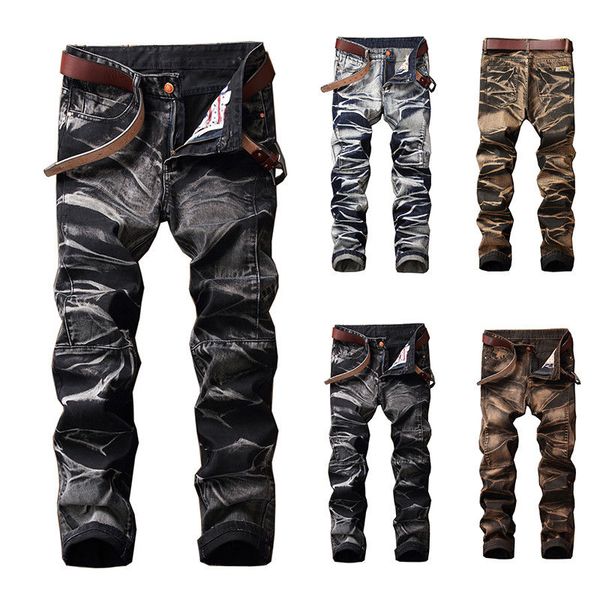 men slim biker denim jeans skinny frayed pants distressed retro troursers zipper, Black
men slim biker denim jeans skinny frayed pants distressed retro troursers zipper, Black
