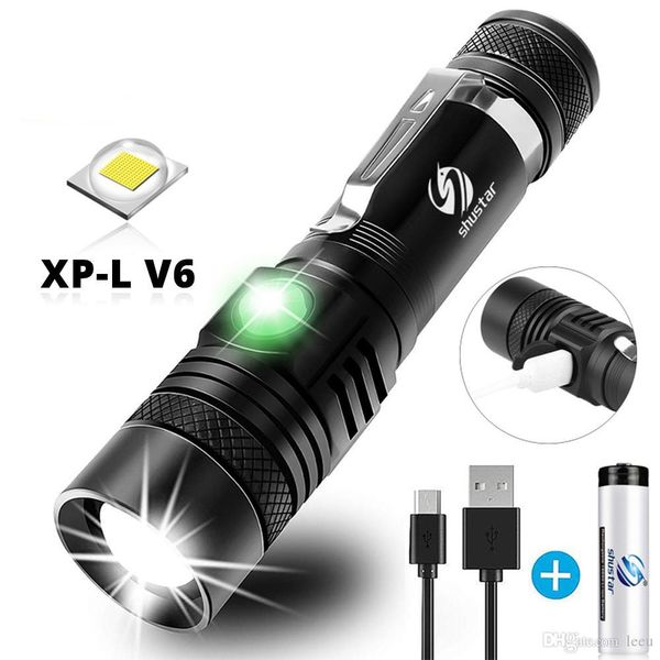 Led Flashlight With Xp-l V6 Led Lamp Beads Waterproof Torch Zoomable 4 Lighting Modes Multi-function Usb Charging