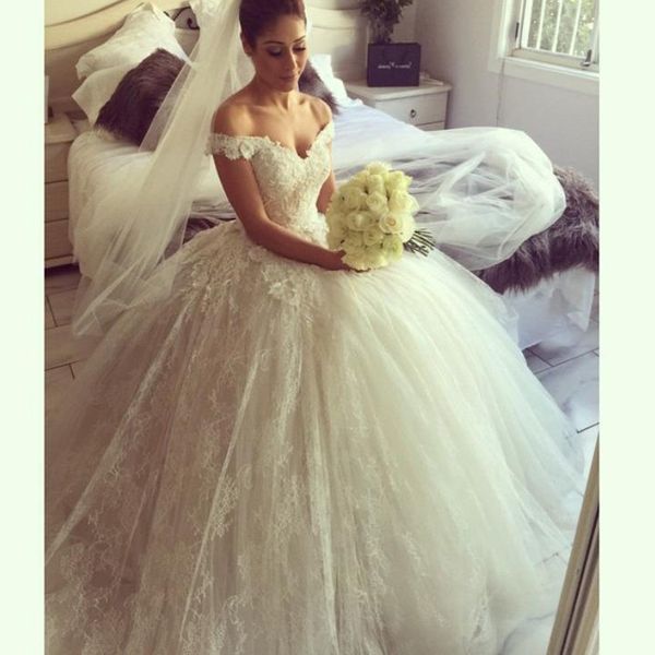 princess style lace wedding dresses ball gown off shoulder lace tulle romantic bridal gowns lace up back custom made, White 
princess style lace wedding dresses ball gown off shoulder lace tulle romantic bridal gowns lace up back custom made, White