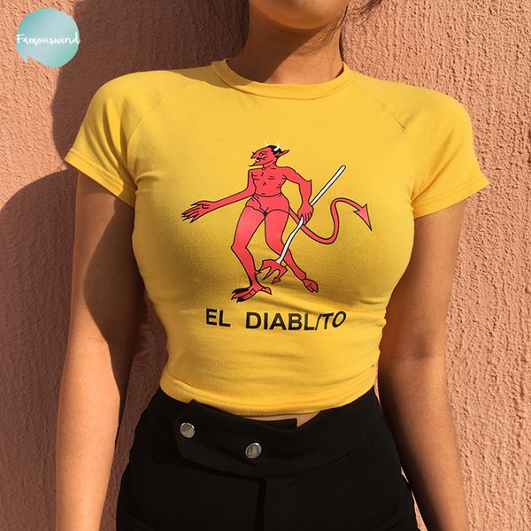 slim t shirt waist cropped women fashion cotton cartoon print t shirt summer yellow o neck applique devil top, White 
slim t shirt waist cropped women fashion cotton cartoon print t shirt summer yellow o neck applique devil top, White