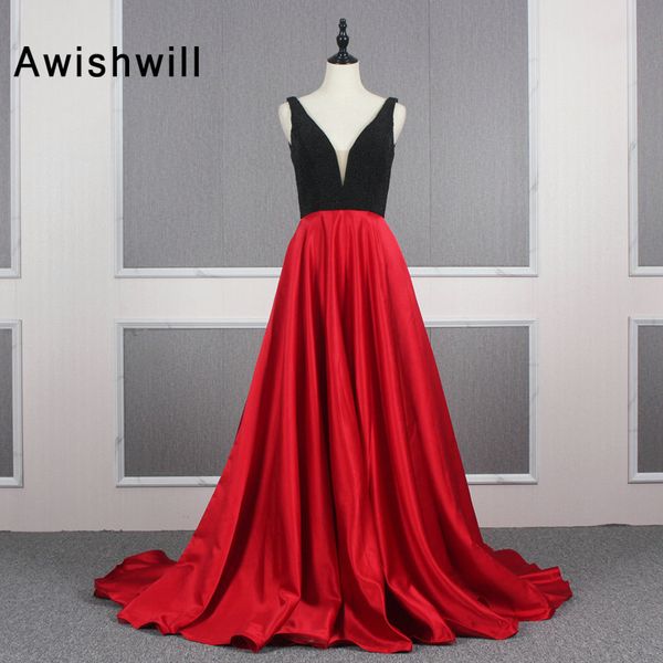 new long evening dress backless double v neck satin black and red a line women' formal dresses plus size, White;black
new long evening dress backless double v neck satin black and red a line women' formal dresses plus size, White;black