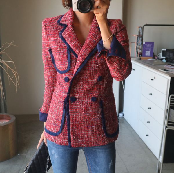 double red breasted 2020 suit outerwear female women coats blazers and jackets casual chic british tassel patchwork tweed autumn coats, Black;brown
double red breasted 2020 suit outerwear female women coats blazers and jackets casual chic british tassel patchwork tweed autumn coats, Black;brown