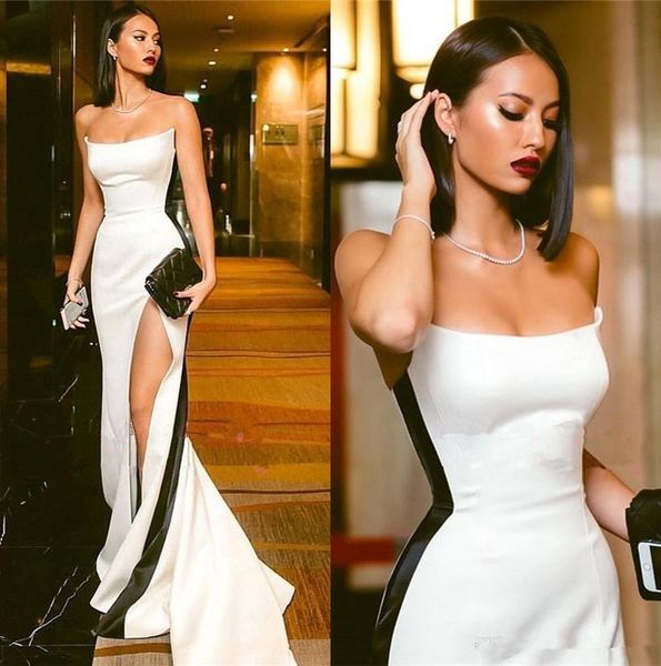 white and black evening dresses 2020 new selling custom sweep train strapless high split satin sheath formal prom party gowns e025, Black;red
white and black evening dresses 2020 new selling custom sweep train strapless high split satin sheath formal prom party gowns e025, Black;red