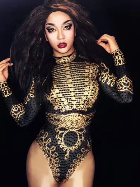 

glisten black gold crystals bodysuit women's long sleeves outfit dance ds stage show nightclub costume singer nice leotard wear, Black;white