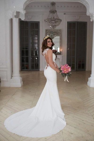 2019 new gergous sleeveless mermaid wedding dresses woman sheer jewel neck cutaway sides lace applique bridal gowns with long train, White
2019 new gergous sleeveless mermaid wedding dresses woman sheer jewel neck cutaway sides lace applique bridal gowns with long train, White