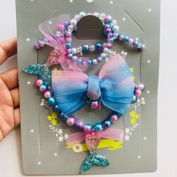 Children's Mermaid Beading Jewelry European American Fashion Necklace Gradual Color Mermaid Necklace Bracelet Hairpin Suit Christmas Gi