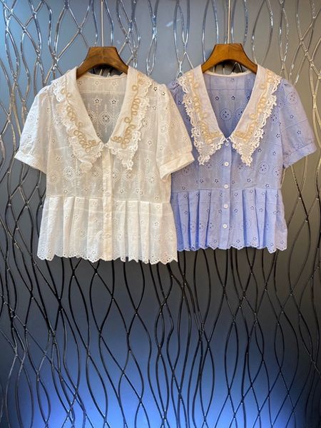 2020 spring and summer new women's lapel v-neck embroidery flower lotus leaf swing short-sleeved wild 524, White
2020 spring and summer new women's lapel v-neck embroidery flower lotus leaf swing short-sleeved wild 524, White