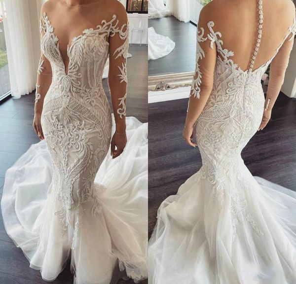 2020 lace appliques mermaid wedding dresses illusion long sleeve covered button tulle country bridal gowns robes de mariée custom made, White
2020 lace appliques mermaid wedding dresses illusion long sleeve covered button tulle country bridal gowns robes de mariée custom made, White