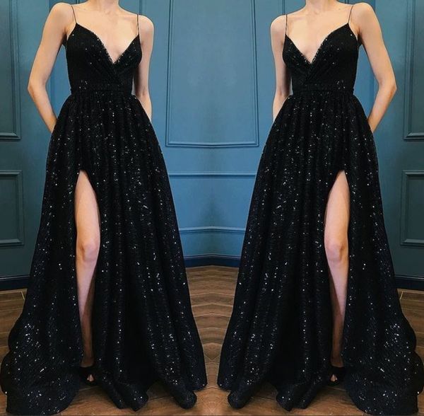 2019 front split spaghetti evening dresses sequins v neck a line prom party gown special occasion dress, Black;red
2019 front split spaghetti evening dresses sequins v neck a line prom party gown special occasion dress, Black;red