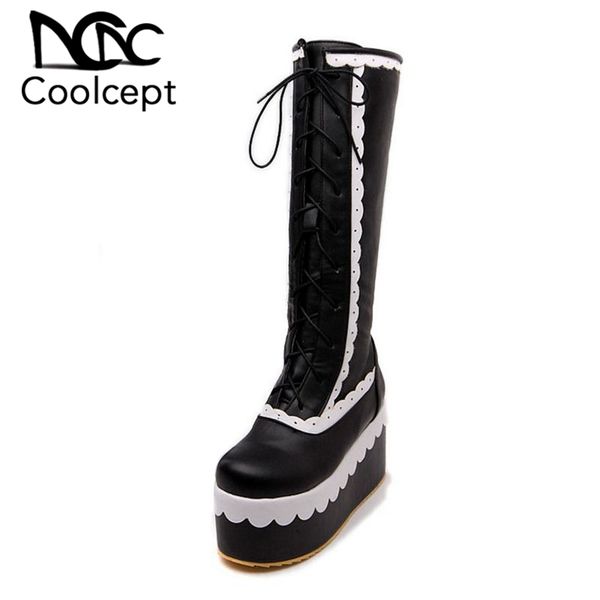 coolcept new large size thick platform cosplay patchwork girls shoes women fashion wedge high heel lace up add fur winter boots, Black
coolcept new large size thick platform cosplay patchwork girls shoes women fashion wedge high heel lace up add fur winter boots, Black
