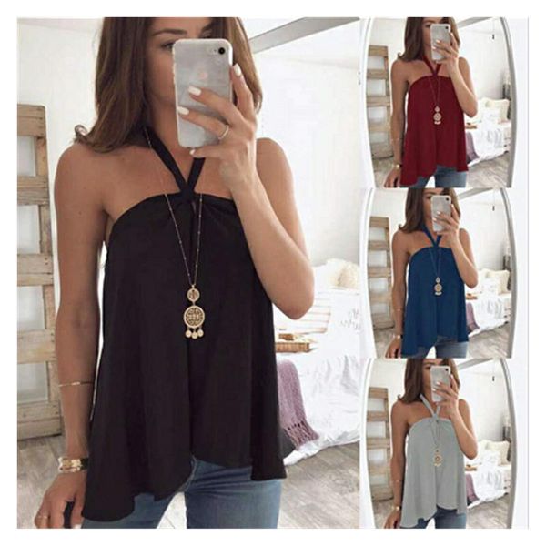 women's leisure fashion halter sleeveless shirt casual loose summer t-shirts, White