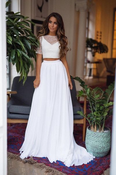 two piece sparkly wedding dresses bridal gown with short sleeves, White
two piece sparkly wedding dresses bridal gown with short sleeves, White