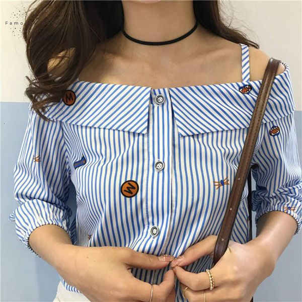 autumn fashion new blouse new shoulder spread word long sleeved shirt striped print word slash neck blouse, White
autumn fashion new blouse new shoulder spread word long sleeved shirt striped print word slash neck blouse, White