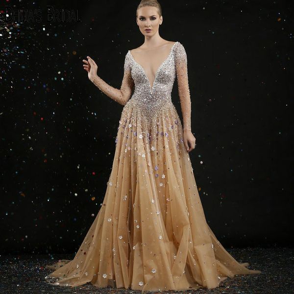 2019 champagne sheer v neck luxury beaded embroidery evening gowns with key-hole back, White;black
2019 champagne sheer v neck luxury beaded embroidery evening gowns with key-hole back, White;black