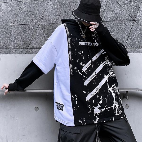 long-sleeved hooded sweater male european and american hip-hop t-shirt tide brand ink printing stitching hoodie sweater teen hip-hop