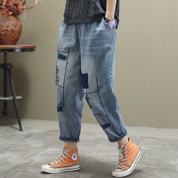 fairynatural women pants elastic waist casual embroidery jeans cotton bleached 2020 spring autumn new ladies loose denim trouser, Blue
fairynatural women pants elastic waist casual embroidery jeans cotton bleached 2020 spring autumn new ladies loose denim trouser, Blue