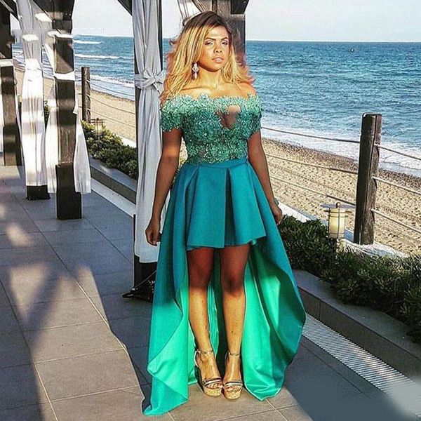 short front long back prom dresses high low satin evening party gowns illusion neck appliques green formal women dress, Black;red
short front long back prom dresses high low satin evening party gowns illusion neck appliques green formal women dress, Black;red