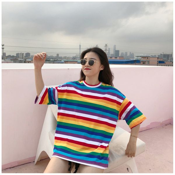 women designer mid sleeve shirt female rainbow stripes casual luxury youthful tshirt girl loose comfortable t-shirts fashion tees sale, White
women designer mid sleeve shirt female rainbow stripes casual luxury youthful tshirt girl loose comfortable t-shirts fashion tees sale, White