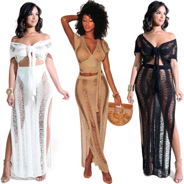 two piece dress hollow out beach outfit set women summer knitting perspective lace up crop +split long skirt nightclub 2, White
two piece dress hollow out beach outfit set women summer knitting perspective lace up crop +split long skirt nightclub 2, White