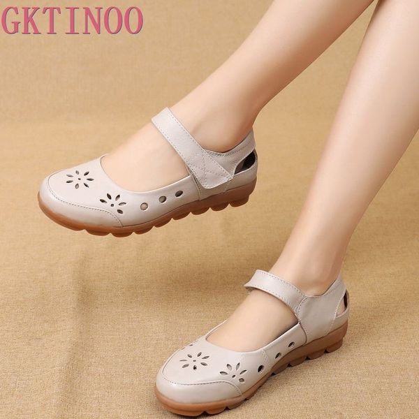 gktinoo 2019 fashion genuine leather summer shoes woman flats low heel hook&loop hollow out leather soft flat shoes for ladies, Black