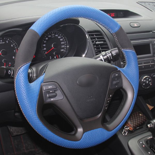 blue genuine leather black suede hand sewing steering wheel cover for kia k3 kia ceed cee'd 2013 2014 
blue genuine leather black suede hand sewing steering wheel cover for kia k3 kia ceed cee'd 2013 2014