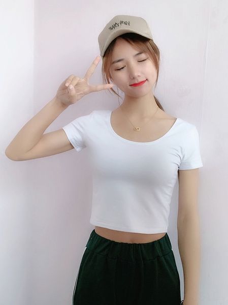double u collar t- low collar short high waist navel short sleeve t-shirt women's big neckline black base shirt fashion, White
double u collar t- low collar short high waist navel short sleeve t-shirt women's big neckline black base shirt fashion, White
