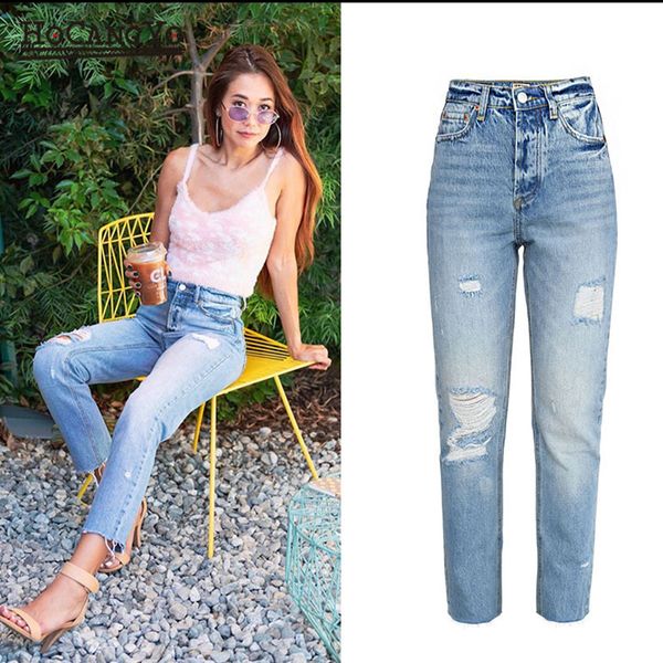 women high waisted jeans pure cotton hole ripped jeans trousers women casual baggy distressed denim pants jumper, Blue
women high waisted jeans pure cotton hole ripped jeans trousers women casual baggy distressed denim pants jumper, Blue