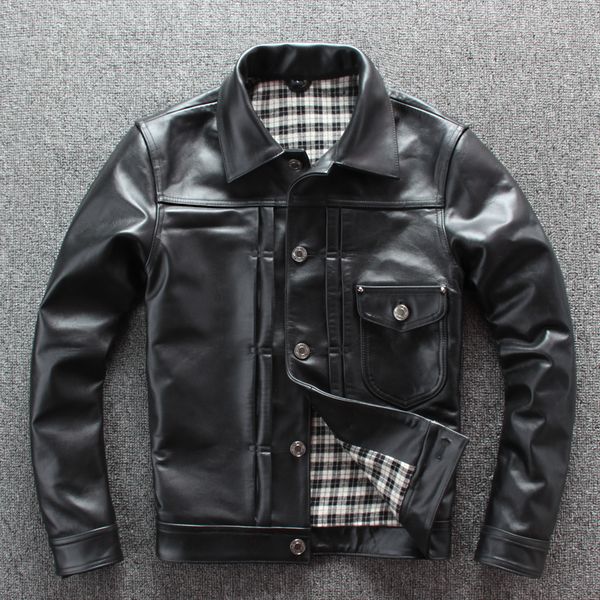 2019 men's japanese vintage style calf skin leather jacket slim short real leather coat men single breasted denim shirt design, Black
2019 men's japanese vintage style calf skin leather jacket slim short real leather coat men single breasted denim shirt design, Black