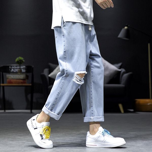 drawstring jeans men's fashion washed solid color casual hole jean pants man streetwear hip hop loose straight denim trousers, Blue