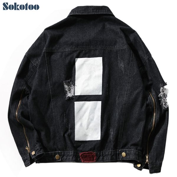 sokotoo men's black loose holes ripped denim jean jacket plus size zipper sleeve coat printed outerwear, Black;brown
sokotoo men's black loose holes ripped denim jean jacket plus size zipper sleeve coat printed outerwear, Black;brown
