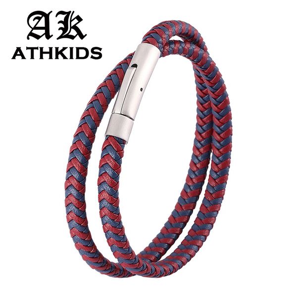 

fashion blue red mix braided leather double layer bracelet stainless steel snaps men women jewelry gifts pd0495, Golden;silver