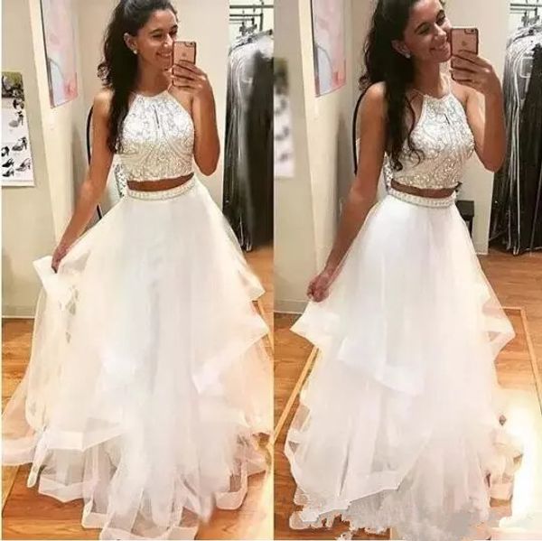 white two pieces prom dresses 2019 halter neck long tulle crystal beads 2 pieces open back party dress evening gowns, White;black
white two pieces prom dresses 2019 halter neck long tulle crystal beads 2 pieces open back party dress evening gowns, White;black