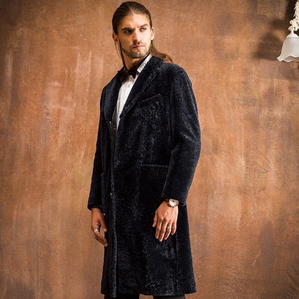 

men genuine leather jacket lengthen fur leather garments men's coat men's windbreaker jacket coat sheep shearing fur, Black