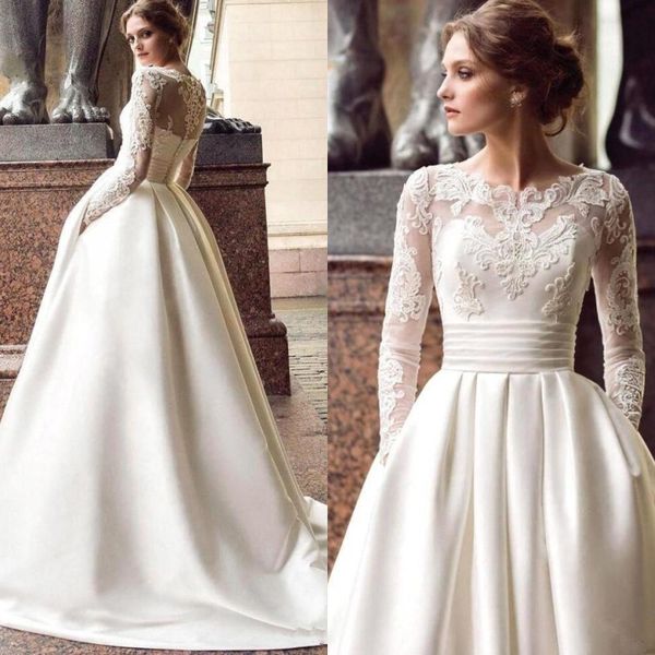 vintage ivory satin lace applique bateau long sleeves wedding dresses luxury plus size bridal gown vestidos de novia, White
vintage ivory satin lace applique bateau long sleeves wedding dresses luxury plus size bridal gown vestidos de novia, White