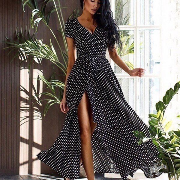 women casual polka dot print long party dresses short sleeve v neck maxi split dress 2019 summer boho women dress vestidos, Black;gray
women casual polka dot print long party dresses short sleeve v neck maxi split dress 2019 summer boho women dress vestidos, Black;gray