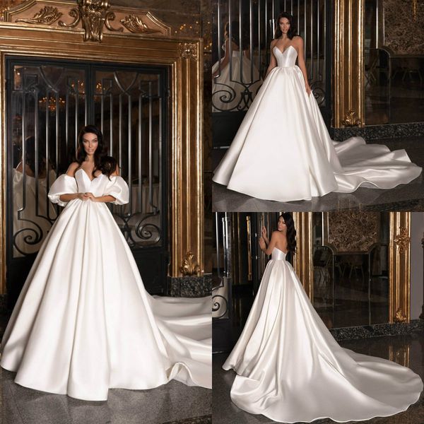 2020 elegant satin wedding dresses sweetheart detachable sleeves beach wedding dress a line custom made vestidos de novia, White
2020 elegant satin wedding dresses sweetheart detachable sleeves beach wedding dress a line custom made vestidos de novia, White