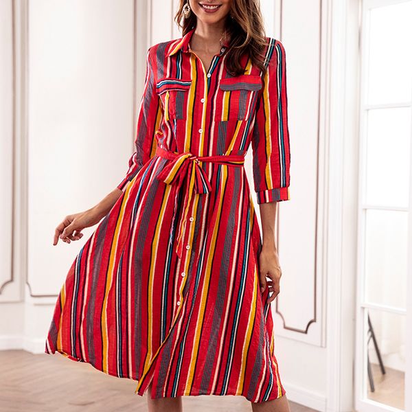 women colorful striped turn down collar midi dress 3/4 sleeve button belt dress, Black;gray
women colorful striped turn down collar midi dress 3/4 sleeve button belt dress, Black;gray