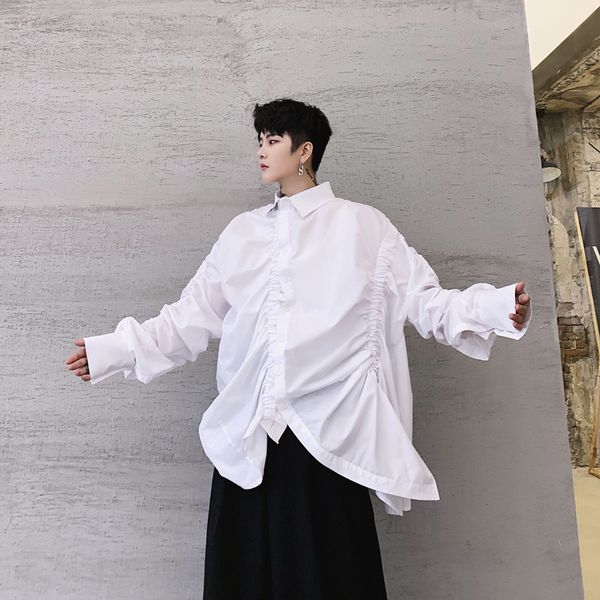 men's casual shirts ewq / 2021 men clothes spring fashion design pleated irregular personality loose long sleeve shirt for male & femal, White;black
men's casual shirts ewq / 2021 men clothes spring fashion design pleated irregular personality loose long sleeve shirt for male & femal, White;black