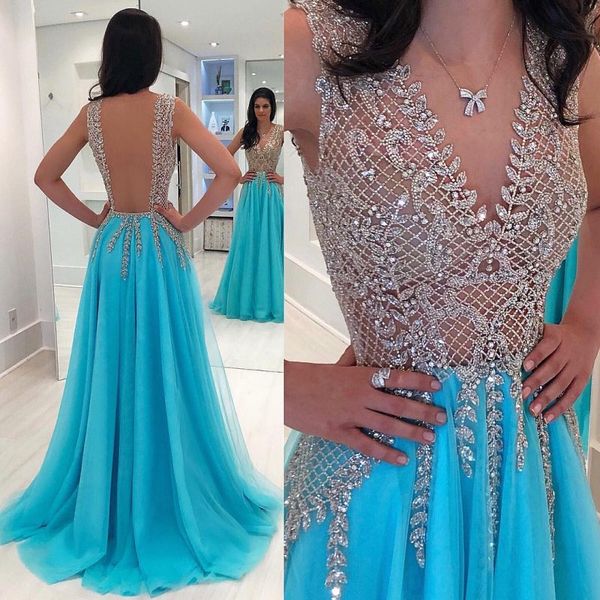 luxury rhinestones backless prom dresses sheer v neck beading evening gowns a line floor length vestidos de fiesta tulle formal dress, Black
luxury rhinestones backless prom dresses sheer v neck beading evening gowns a line floor length vestidos de fiesta tulle formal dress, Black
