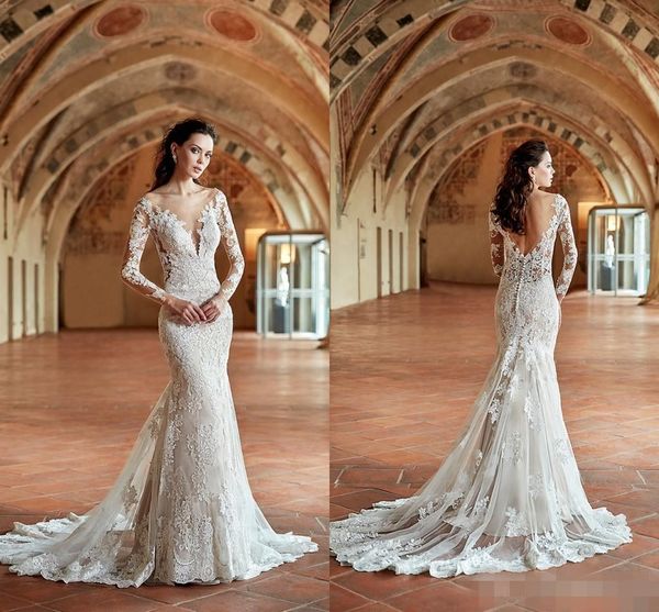 2019 sheer neck mermaid wedding dresses scoop lace applique backless sweep train long sleeves country wedding gown vestido de novia, White
2019 sheer neck mermaid wedding dresses scoop lace applique backless sweep train long sleeves country wedding gown vestido de novia, White