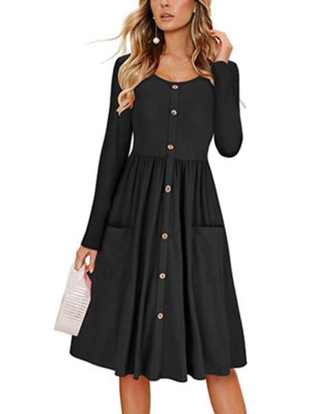fashion women commuter solid color dress round neck long sleeve pocket tunic button dresses elegant female dress, Black;gray 
fashion women commuter solid color dress round neck long sleeve pocket tunic button dresses elegant female dress, Black;gray