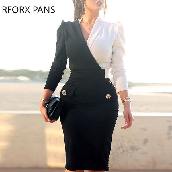 two tone button detail blazer dress office lady look women dress, Black;gray