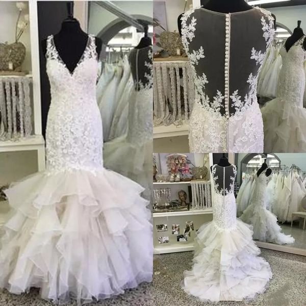 новый дизайн сладкий свадебные платья sexy v шеи органзы оборками русалка рукавов многоуровневые юбки кружева очаровательная роскошь, White 
новый дизайн сладкий свадебные платья sexy v шеи органзы оборками русалка рукавов многоуровневые юбки кружева очаровательная роскошь, White